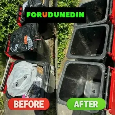 Before & After: General waste bins overflowing, then emptied after rubbish removal. North Dunedin, Dunedin.