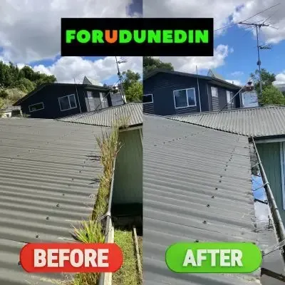 Before & After: Gutter cleaning showing grass and debris removed from roof gutter, Kaikorai Valley, Dunedin.