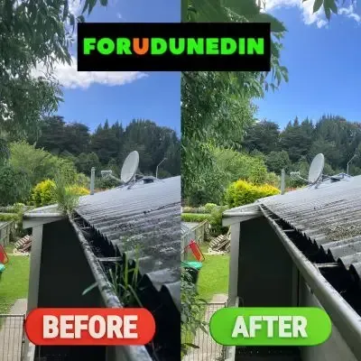 Before & After: Gutter cleaning showing grass and debris removed from the gutter, South Dunedin, Dunedin.