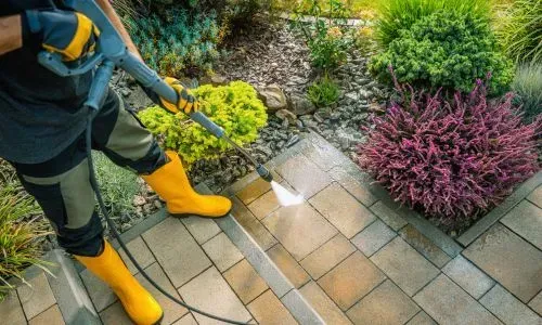 Pressure-washing residential pavers alongside garden landscaping in Dunedin using careful exterior cleaning methods.