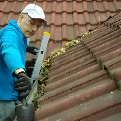 A worker is clearing debris from a one-storey roofline gutter during a gutter cleaning service in Dunedin City.