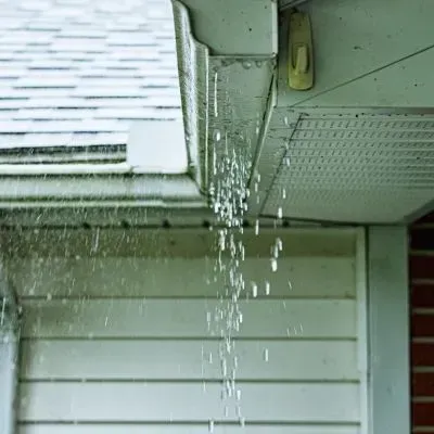 Overflowing gutter during rain, showing stormwater escaping improperly on a Dunedin home due to blocked spouting.