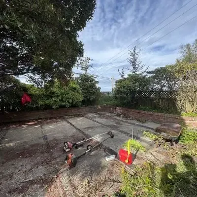 Before: Garden maintenance services for the removal of weeds and vegetation on a concrete backyard/patio. St Clair, Dunedin.