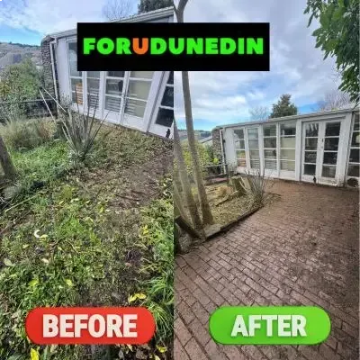 Before & After: Paved backyard weed clearing and spraying services in Roslyn, Dunedin.