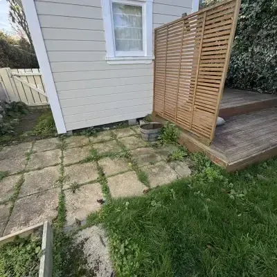 Before: Weed and grass removal from a concrete paver patio in St. Clair.