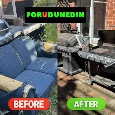 Before & After: Couch removal from a courtyard, outside a flat in North Dunedin, Dunedin