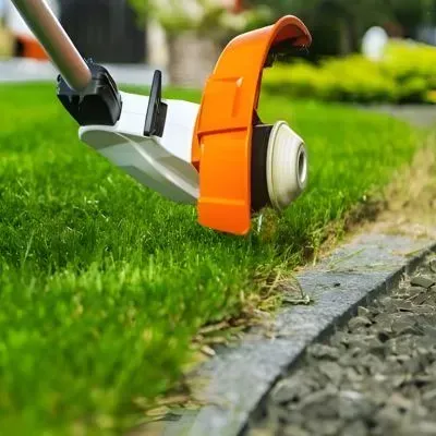 Weed eating services for clean lines along a residential path in Dunedin after the lawn mowing service.