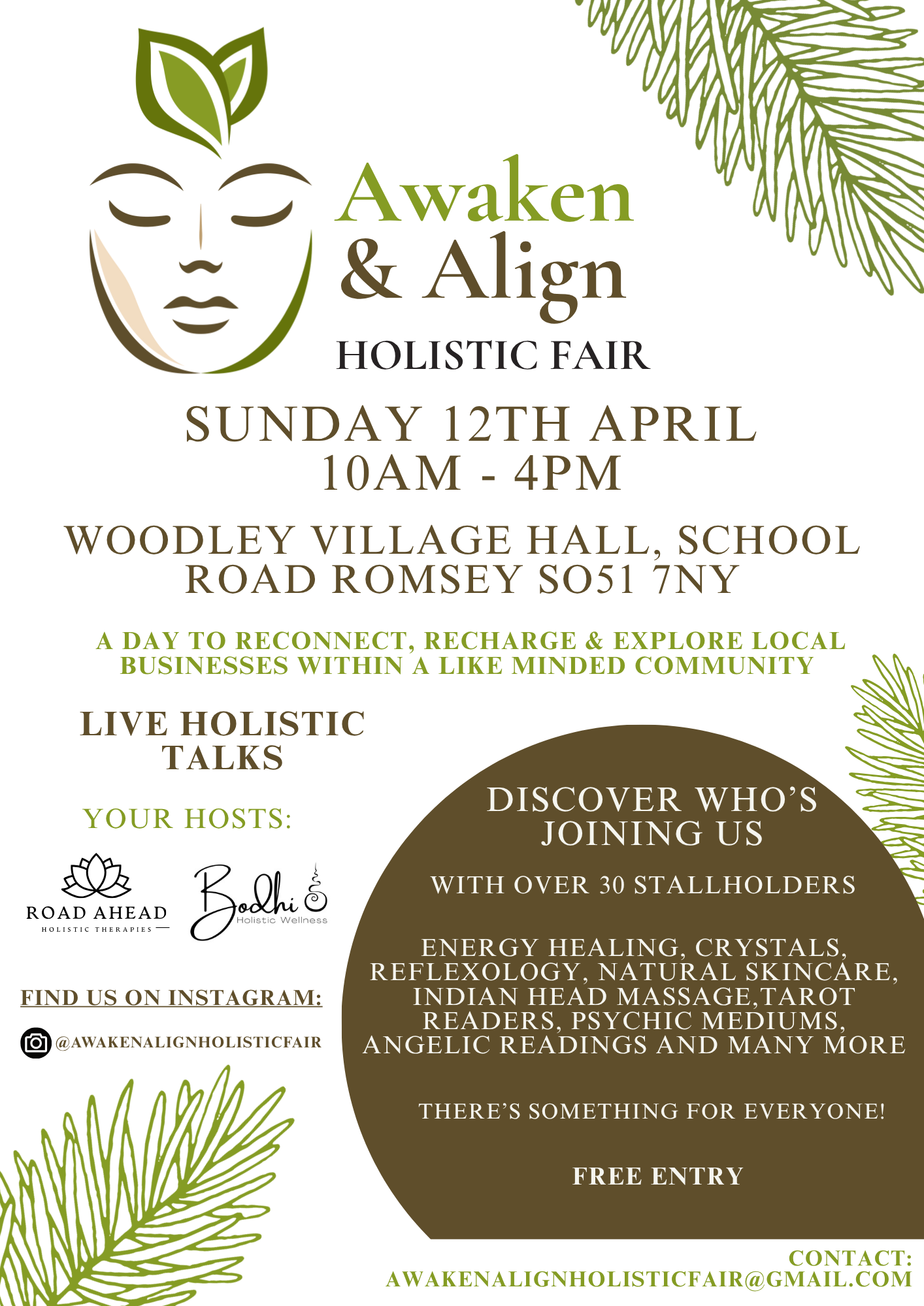Poster for "Awaken & Align Holistic Fair" at Woodley Village Hall on April 12th. Features talks, healing, and holistic vendors.
