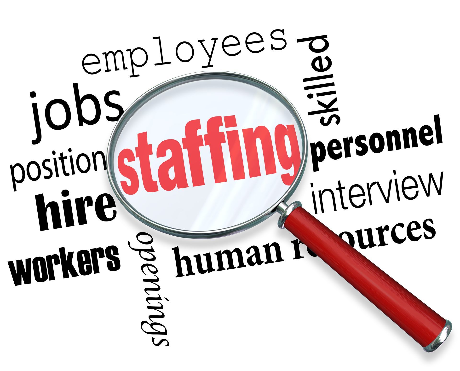 Magnifying glass highlighting the word “staffing” among other employment terms.