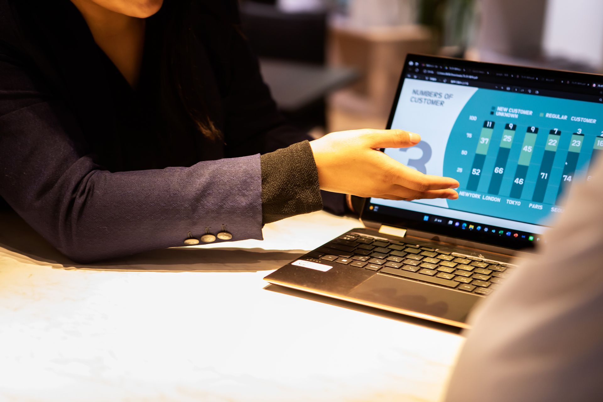 Person pointing at a laptop screen with bar graphs; business meeting in progress.
