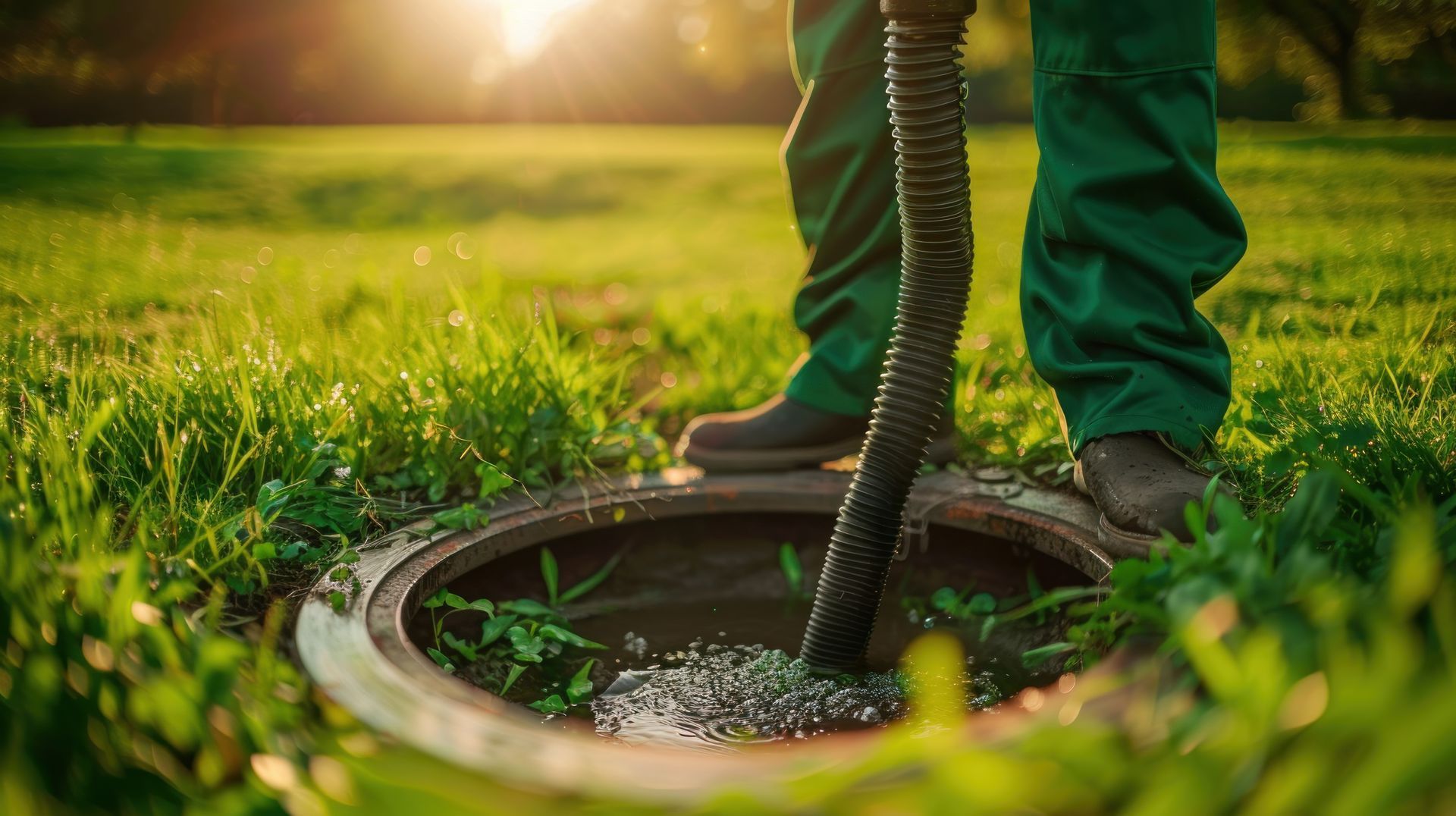 A person in green work pants uses a long, black vacuum hose to drain a residential septic tank in a grassy yard.