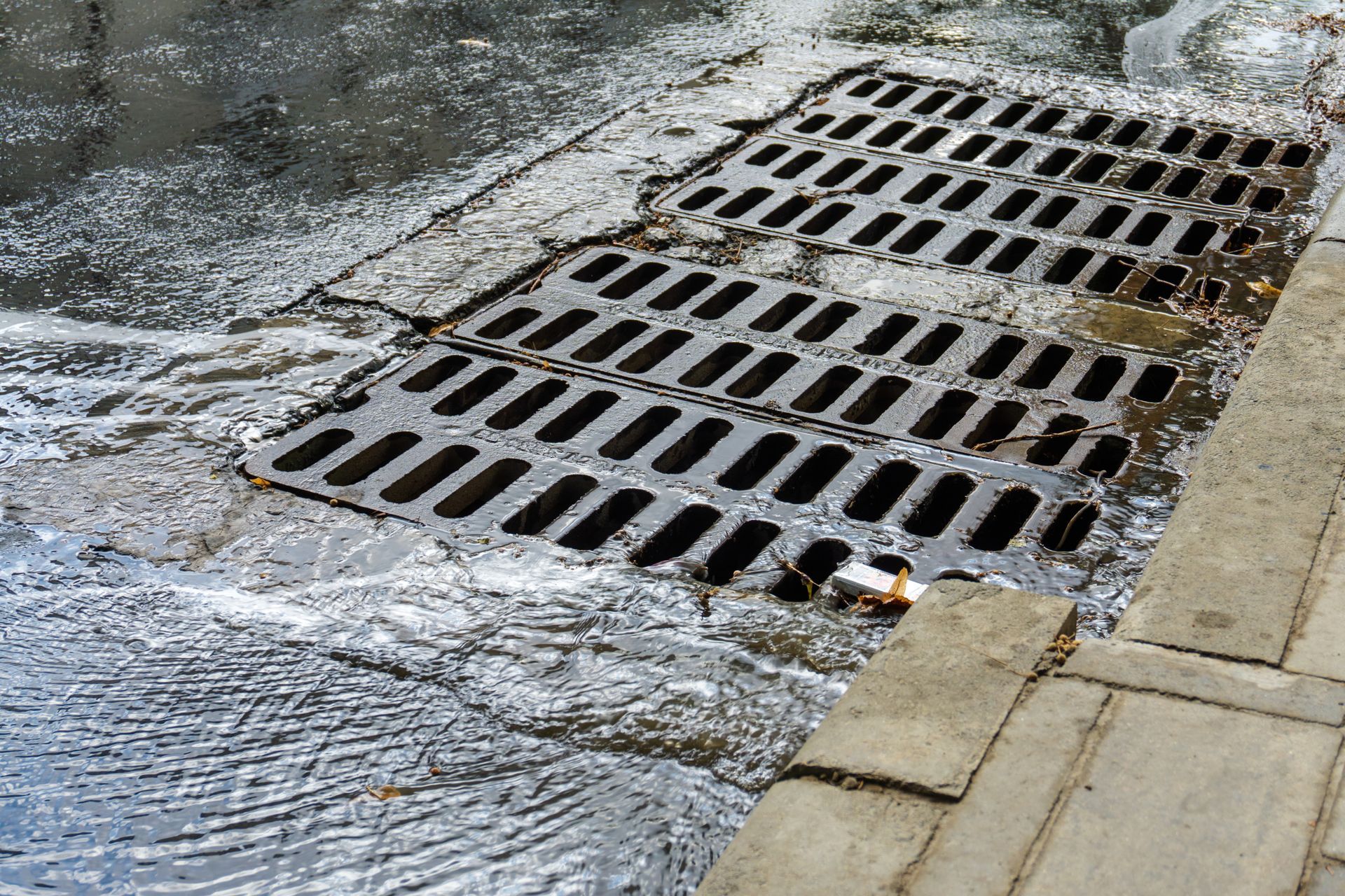 Water flowing into a metal storm drain grate on a wet concrete surface next to a paved curb. Water flowing into a metal storm drain grate on a wet concrete surface next to a paved curb.