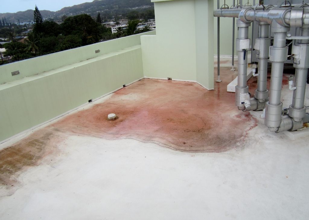 Rooftop with a large rust-colored stain near pipes and vents, bordered by a low green wall.