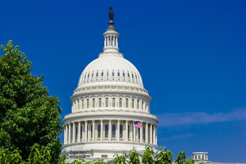 The dome of the capitol building in washington dc is surrounded by trees.