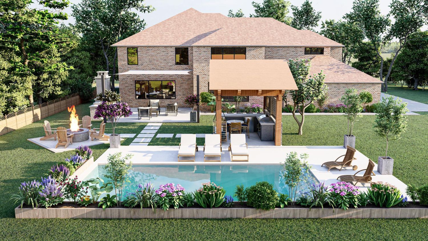 Backyard with pool, seating areas, brick house, and trees.