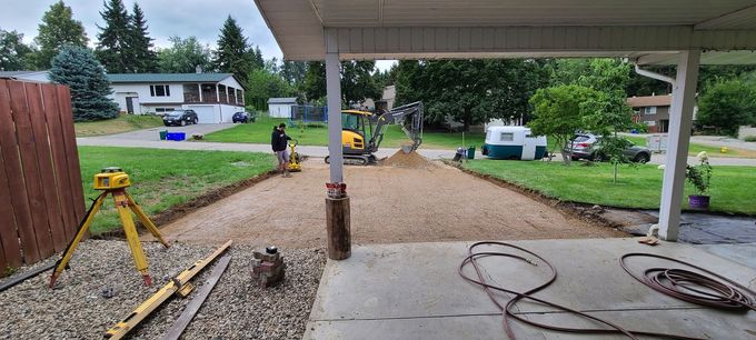 Construction site with gravel driveway, excavator, and workers near a house.
