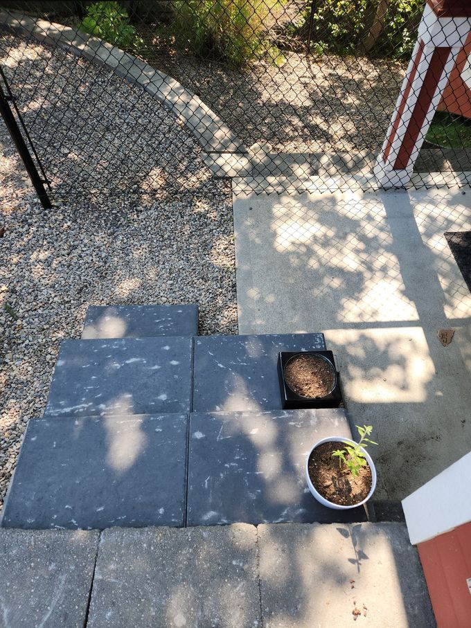 Stone steps and patio lead to a gravel pathway, with potted plants on the patio.