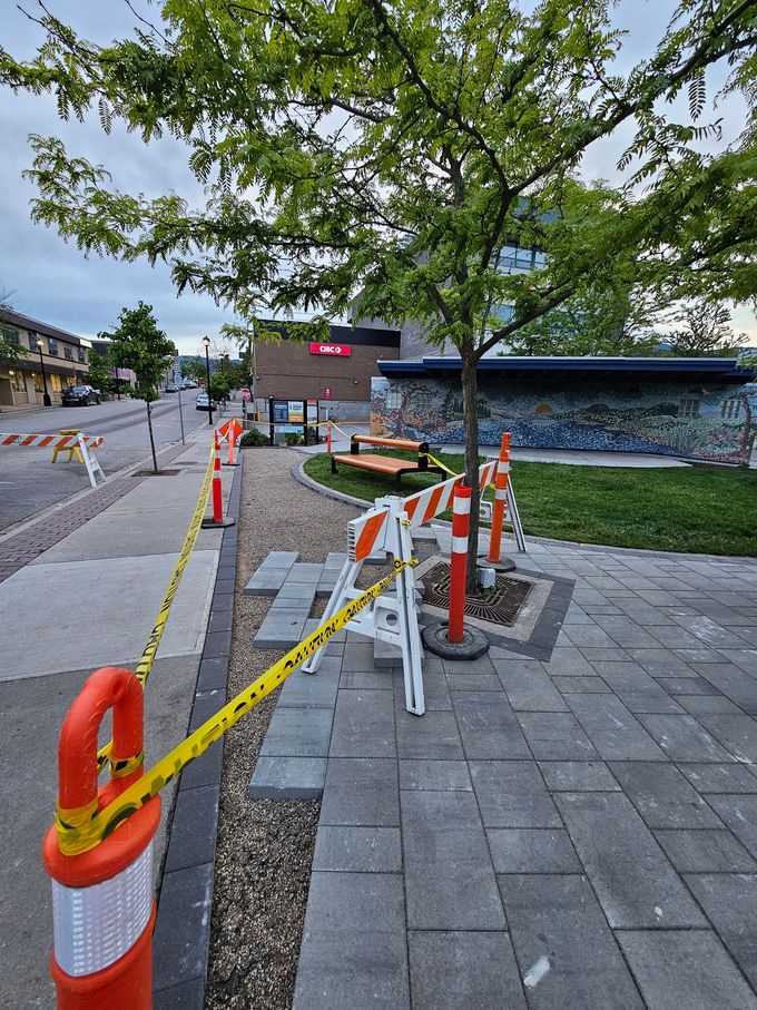 Sidewalk construction with caution tape, orange cones, tree, and a partially constructed grey brick pathway.