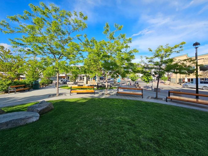 Park with green grass, trees, wooden benches, and a building under a blue sky.