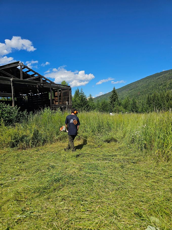 Man using a weed eater in a field with an old barn on a sunny day. Mountains and blue sky in the background.