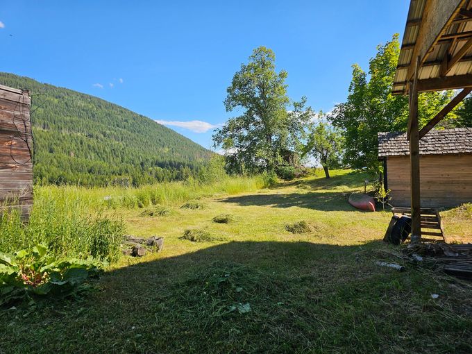Green field with wooden structures, trees, and a mountain backdrop under a blue sky.