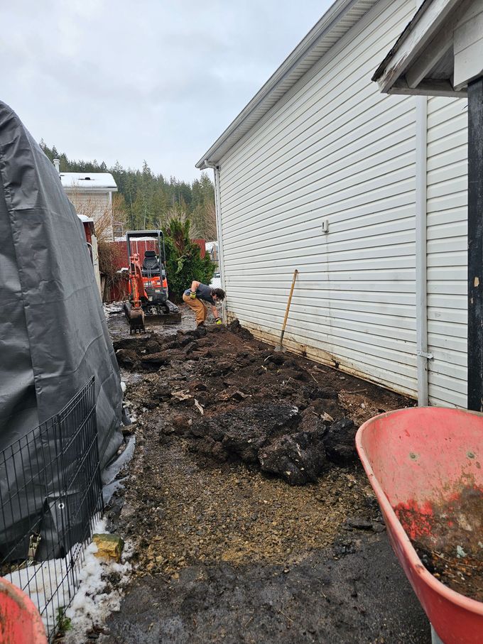 Workers digging in a muddy yard next to a house; wheelbarrow in the foreground. Cloudy, cold day.