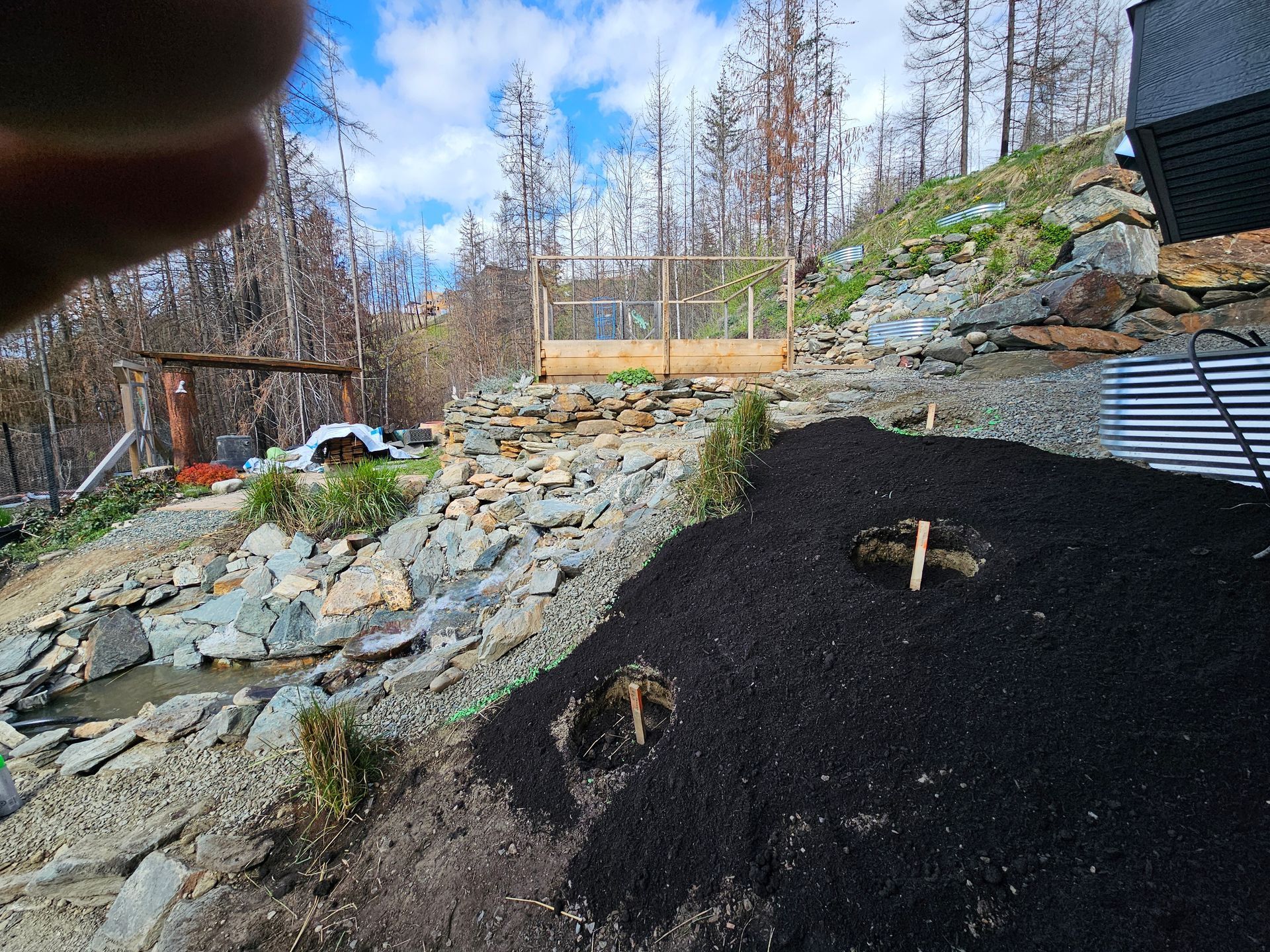 Landscape with dark mulch, rocks, and trees. Burned trees in the background, a pond, and a wooden structure.