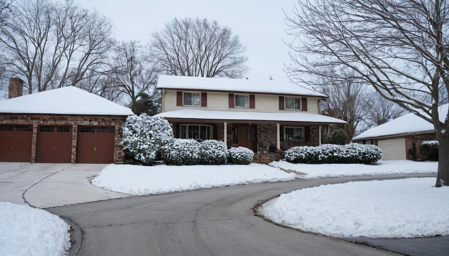 Two-story house and garages covered in snow on a cloudy day.  Driveway curves into view.