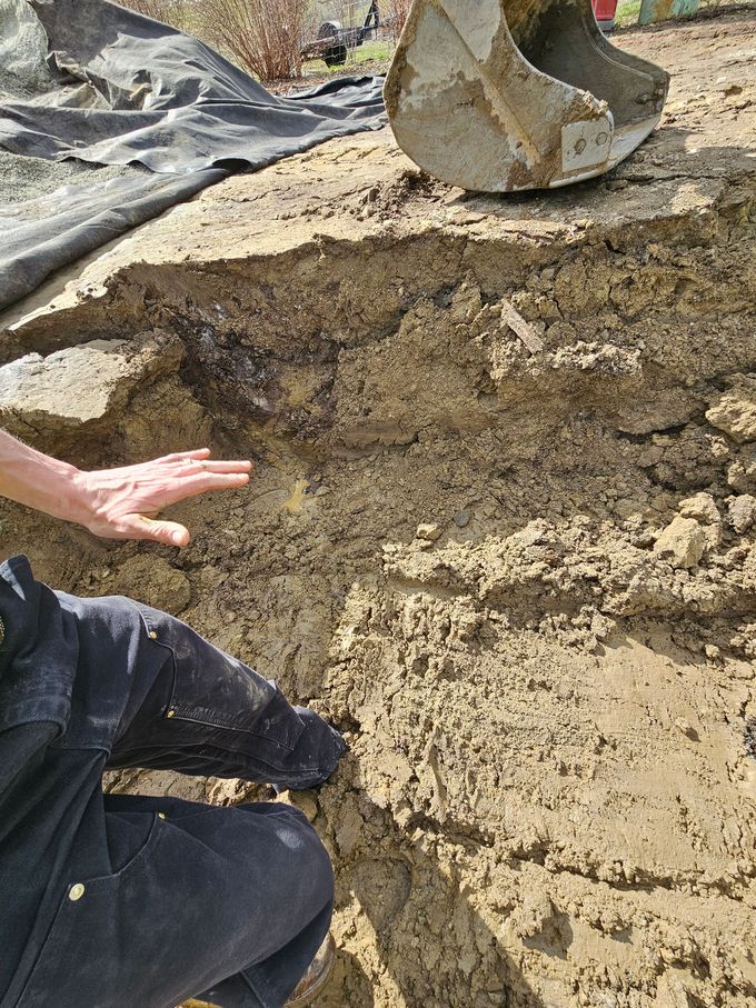 A person's hand touching a sandy soil wall, near a backhoe, outdoors.