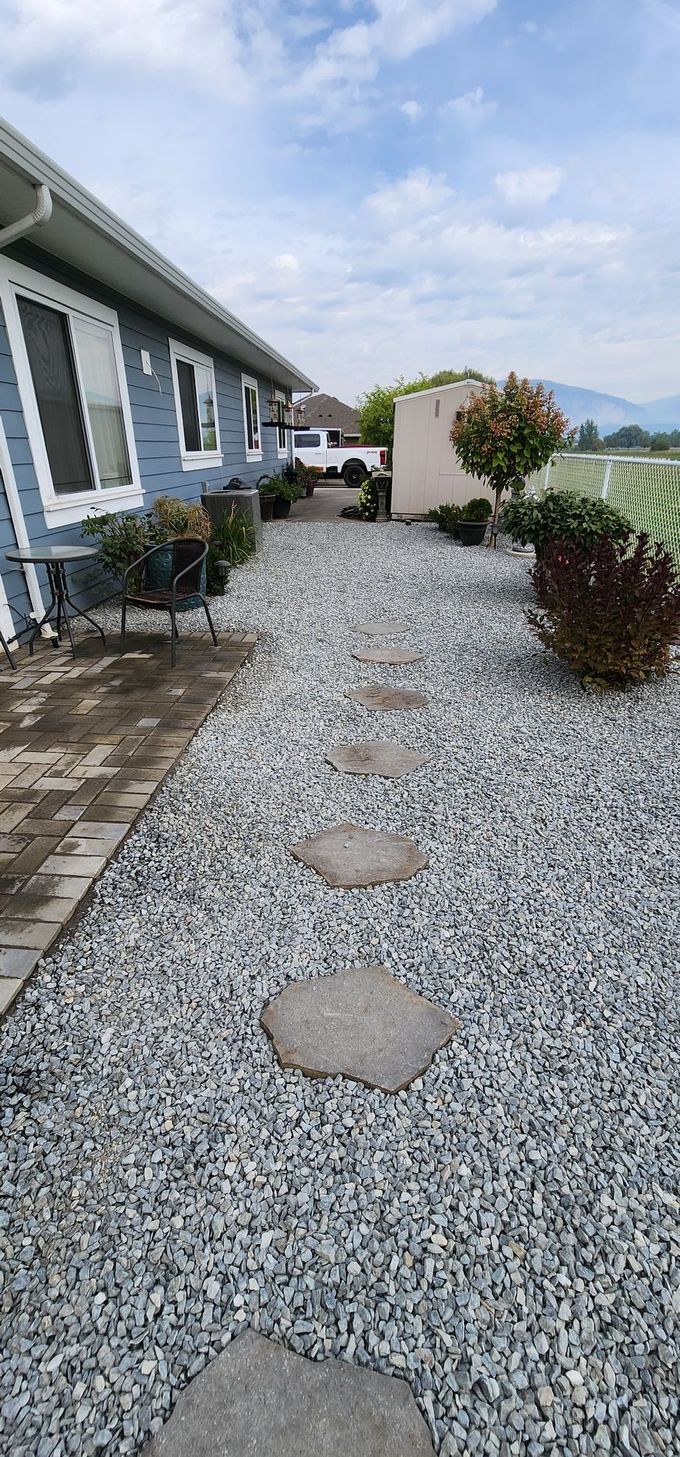 A gravel path with stepping stones alongside a blue building and shrubs, under a cloudy sky.