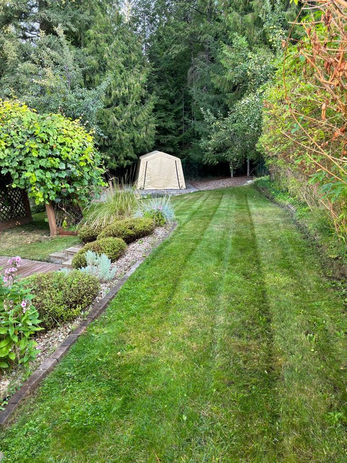 Lush green lawn with a mowed path leading to a stone structure in a garden surrounded by trees.