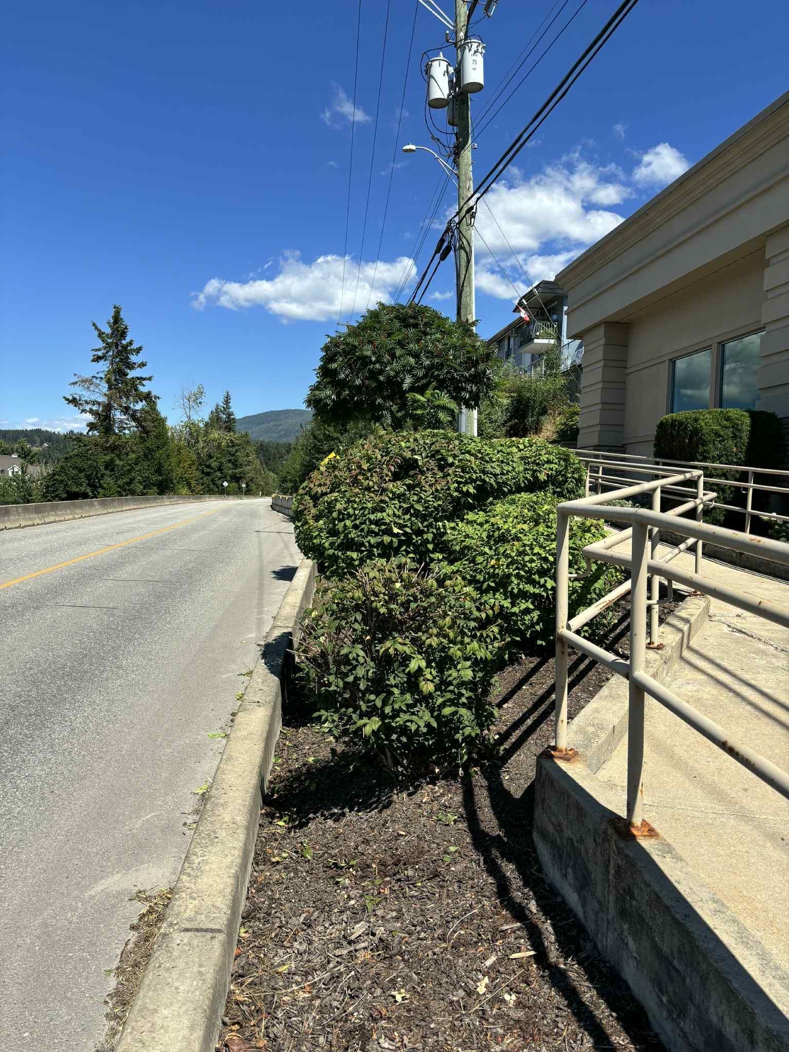 A building with a ramp and sidewalk sits next to a road and foliage under a blue sky.