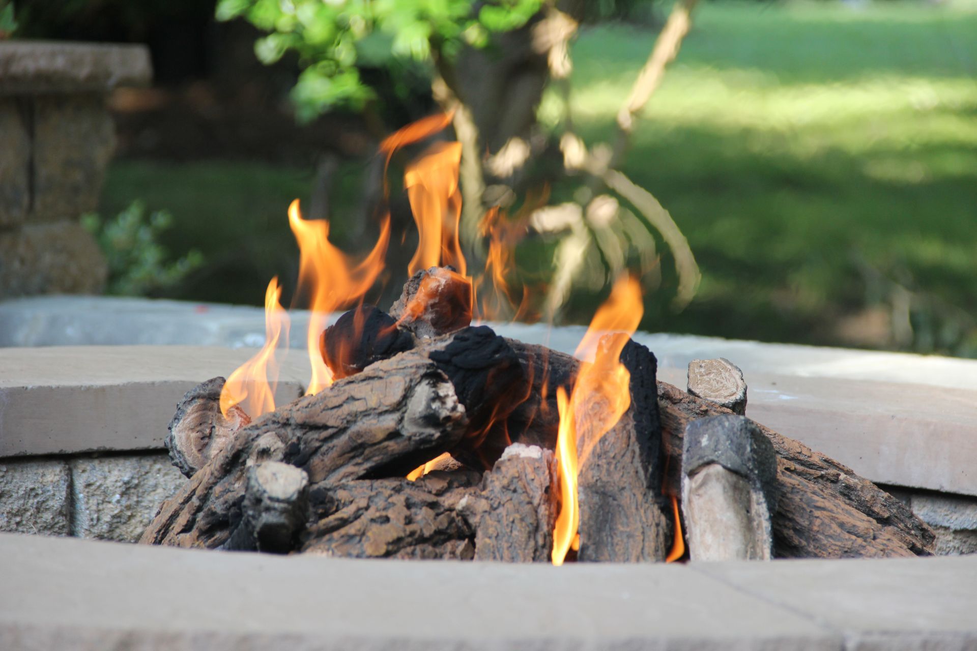 Flames leaping from a fire pit with logs, in an outdoor setting with green foliage.