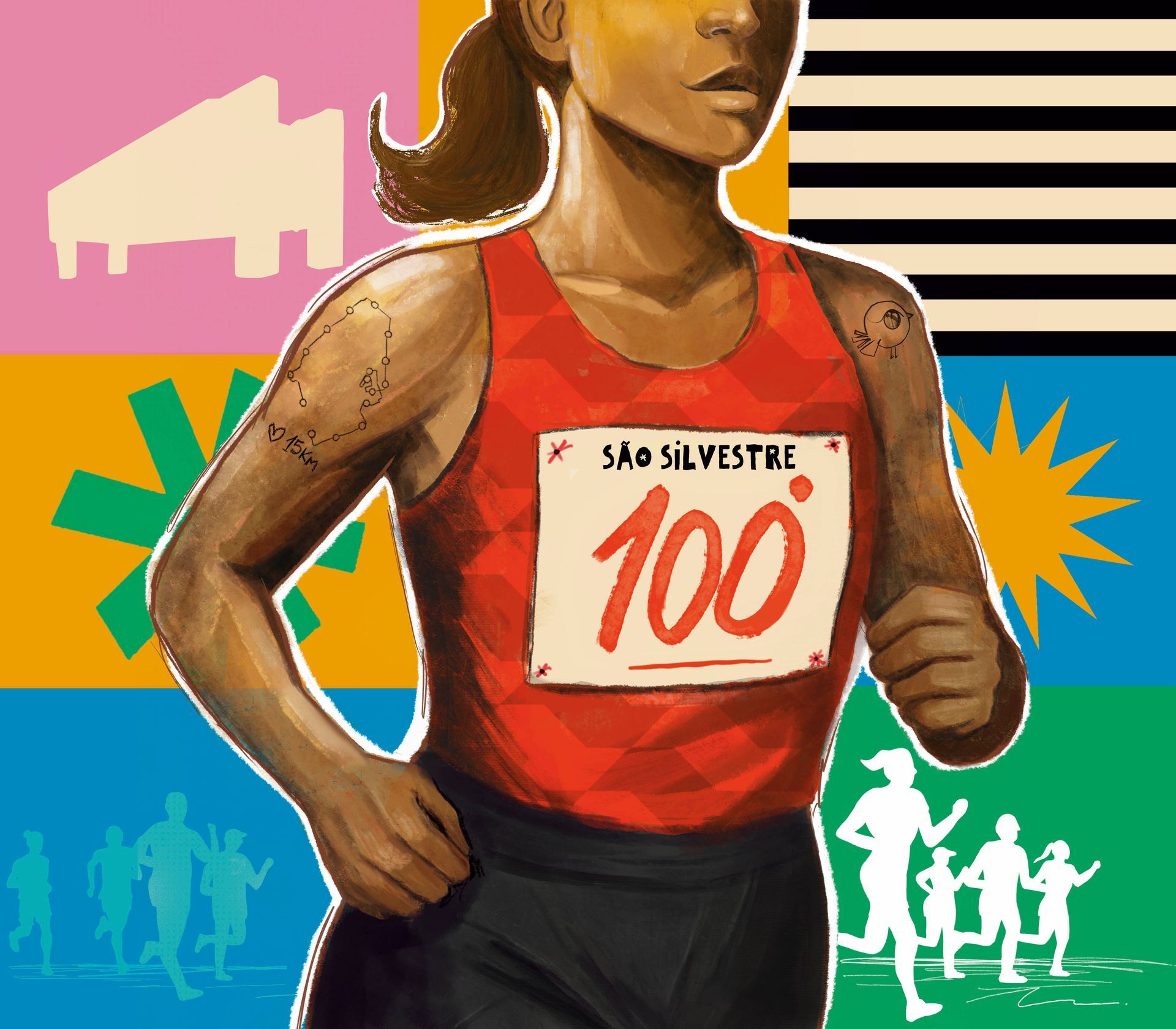 Corredora usando número de inscrição 100 e uma regata vermelha; corrida em fundo colorido.