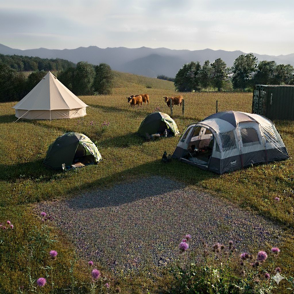 Camping tents in a field with cows and rolling hills in the background.