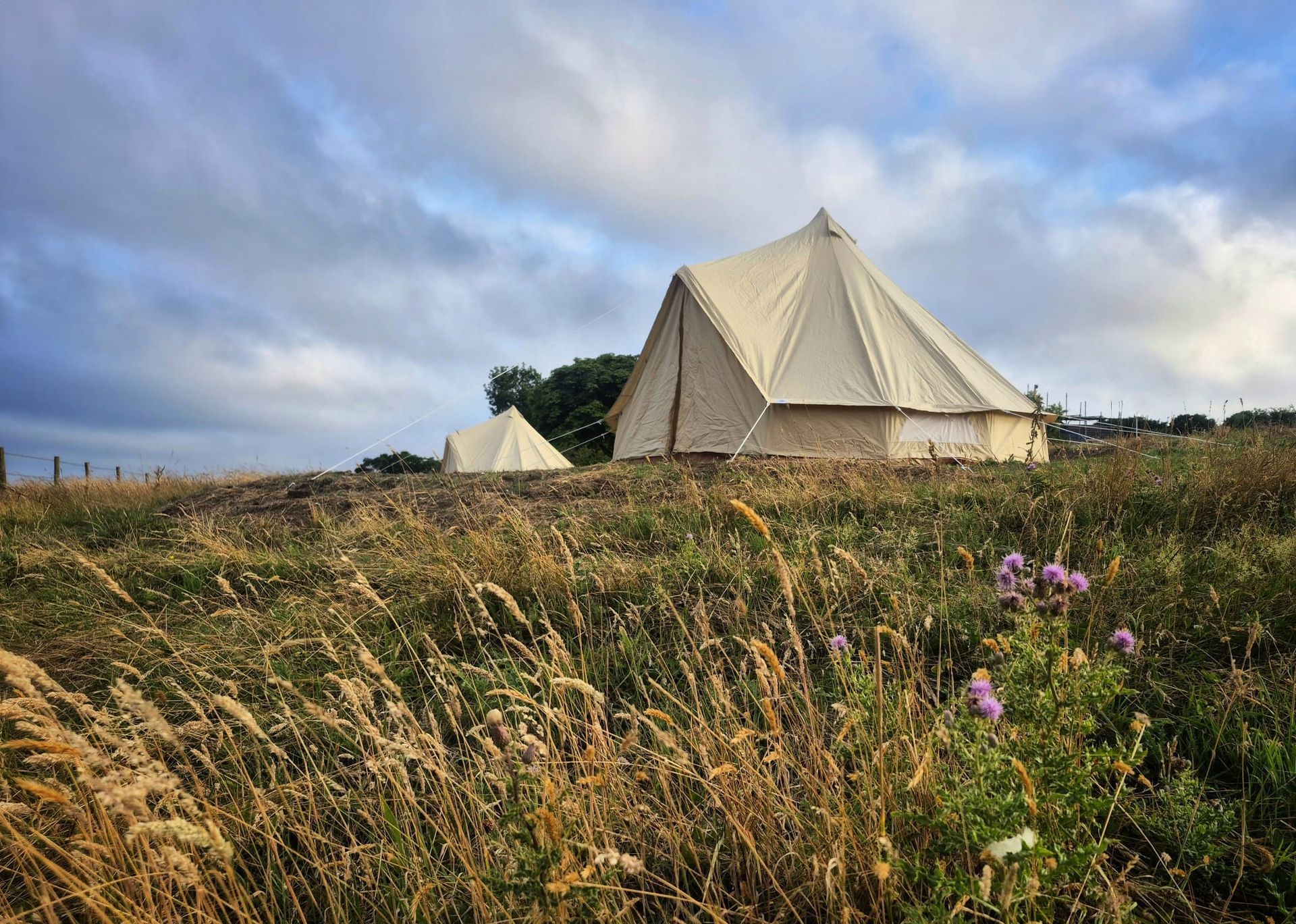Two canvas bell tents on a grassy hill under a cloudy sky.