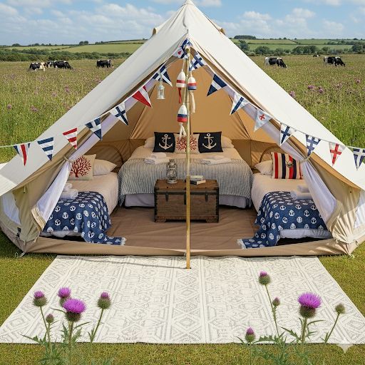 Glamping tent in a field with beds, nautical decor, and a patterned rug, with cows grazing in the background.