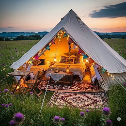 Cozy glamping tent at sunset, furnished with beds, rugs, and fairy lights, set in a grassy field with purple wildflowers.