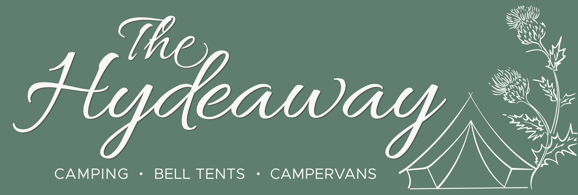 Logo for "The Hydeaway": camping, bell tents, campervans, with a tent graphic and floral detail.