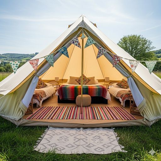 A large, decorated glamping tent in a field with beds, rugs, and colorful bunting.