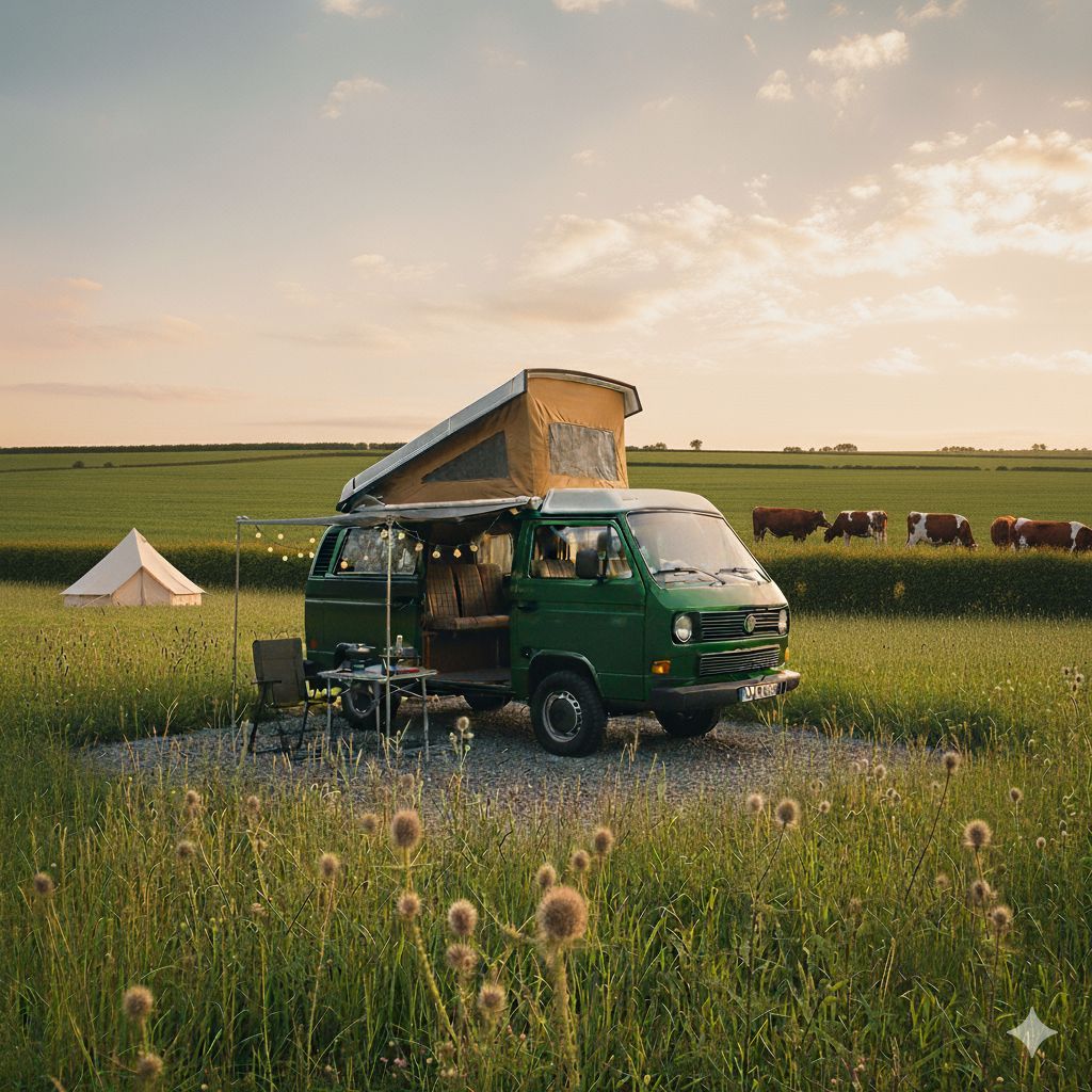 Green camper van with open pop-top, parked in a grassy field with a tent, cows, and setting sun.