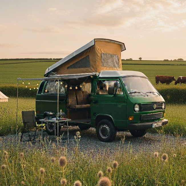 Green camper van with pop-up roof and awning, parked in a field with cows grazing in the background.