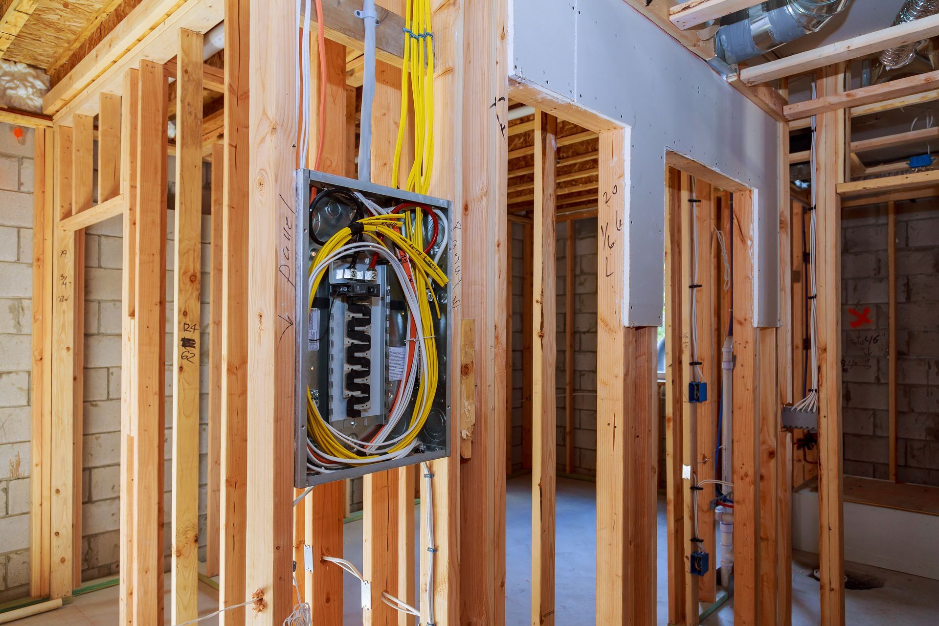 A house is being built with wooden beams and a electrical box on the wall.