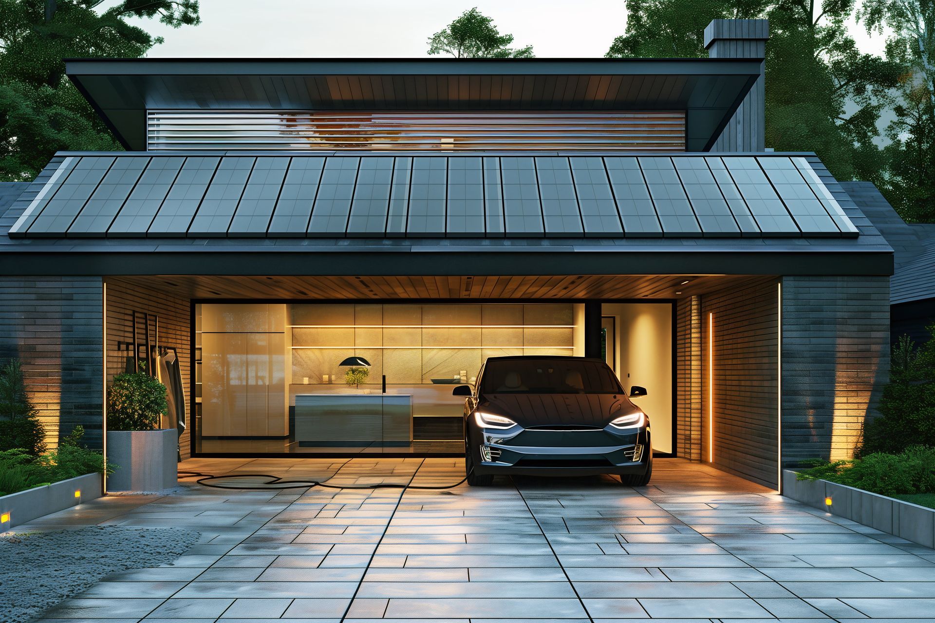 A car is parked in front of a house with solar panels on the roof.