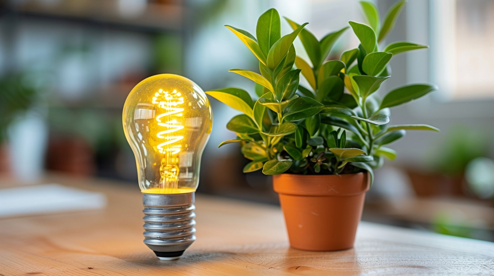 A light bulb is sitting next to a potted plant on a table.