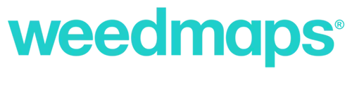 The logo for weedmaps is blue and white on a white background.
