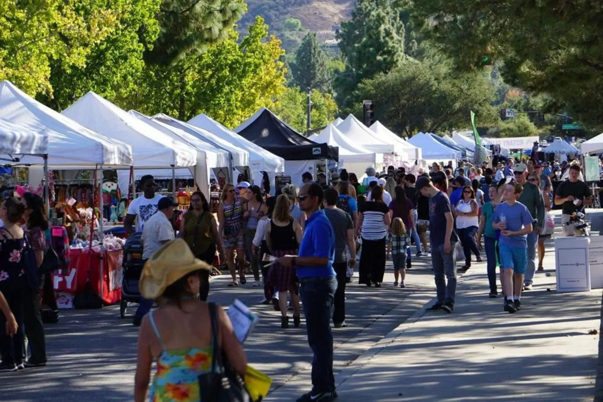 A crowd of people are walking down a street at a market.