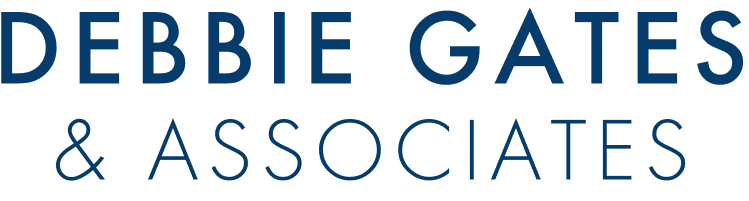 The logo for debbie gates & associates is blue and white.