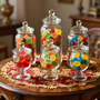 Frascos de cristal de boticario llenos de caramelos de colores, colocados sobre un camino de mesa.
