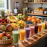 Una variedad de coloridos batidos de frutas y frutas tropicales frescas, como piña, mango y bayas, sobre una mesa de madera.